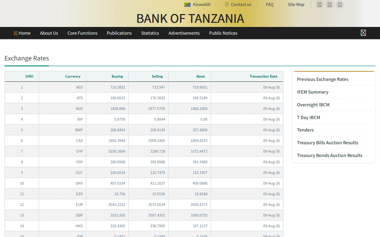 Ukurasa rasmi wa Bank of Tanzania unaonyesha buying, selling, mean na transaction date za exchange rates