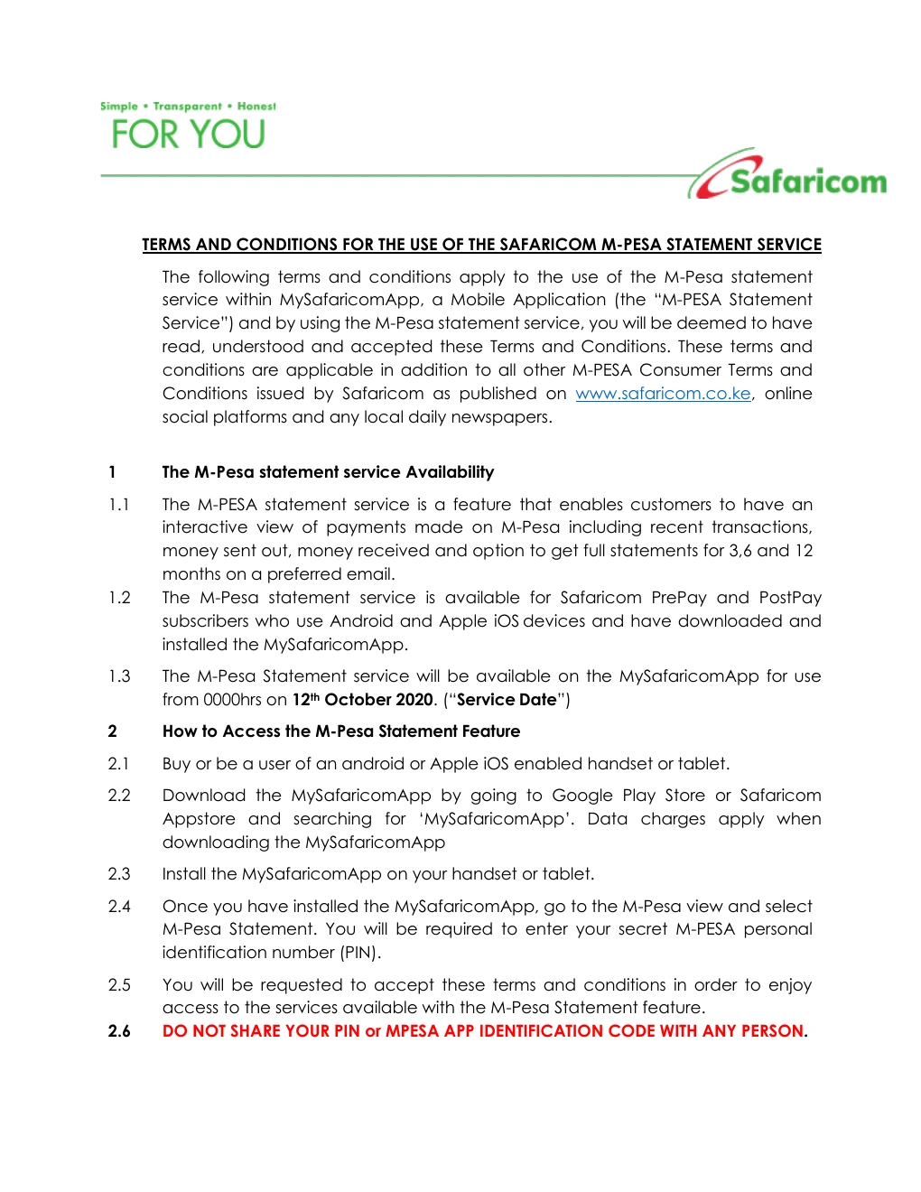 Ukurasa wa kwanza wa masharti rasmi ya Safaricom M-PESA Statement unaoeleza huduma na onyo la kutoshiriki PIN