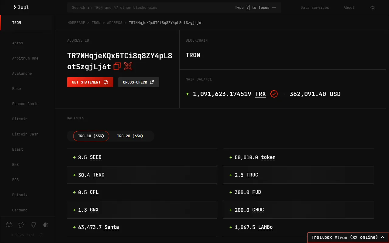 區塊瀏覽器 3xpl 的地址頁:鏈別為 TRON,顯示主要餘額 TRX,以及 TRC-10(333)與 TRC-20(636)兩個餘額分頁