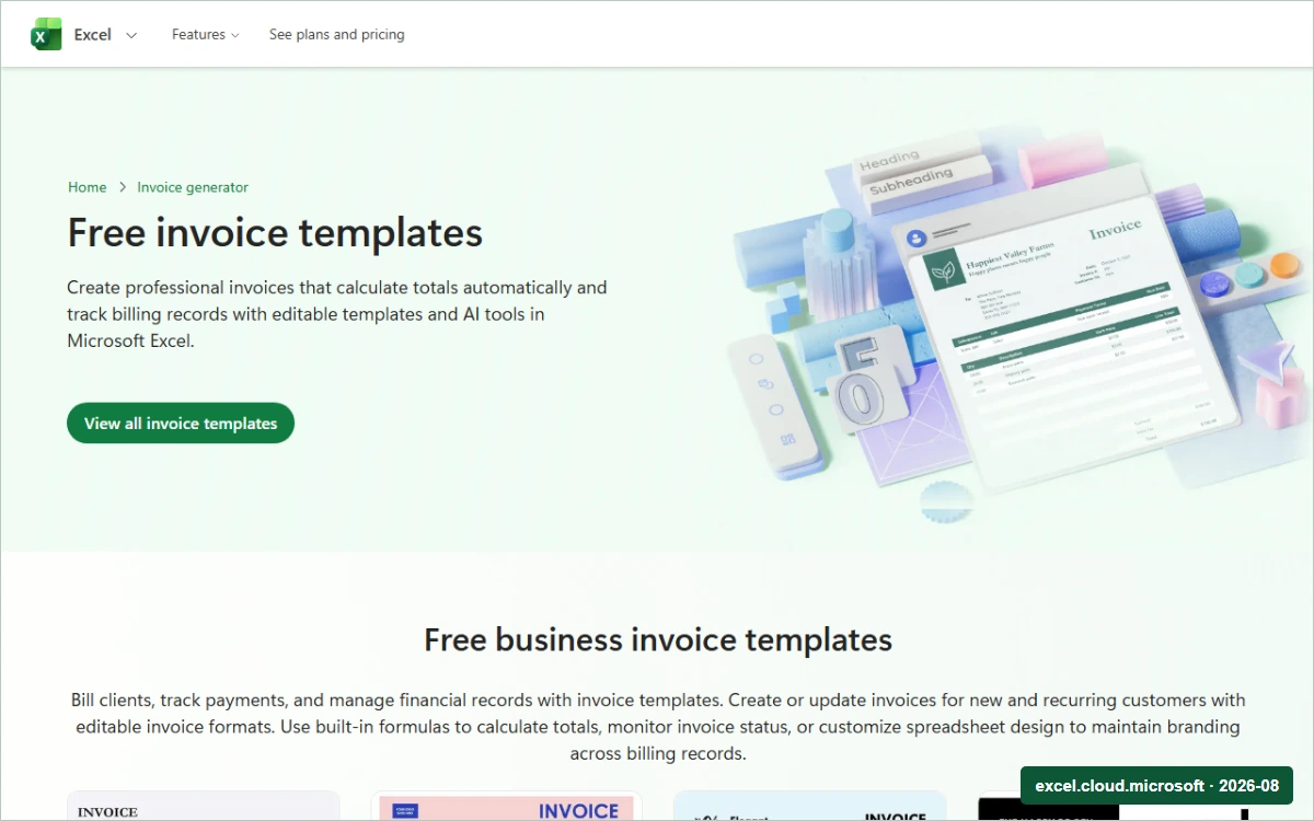 Ukurasa rasmi wa Microsoft Excel wenye template za invoice na mifano ya sehemu za bili