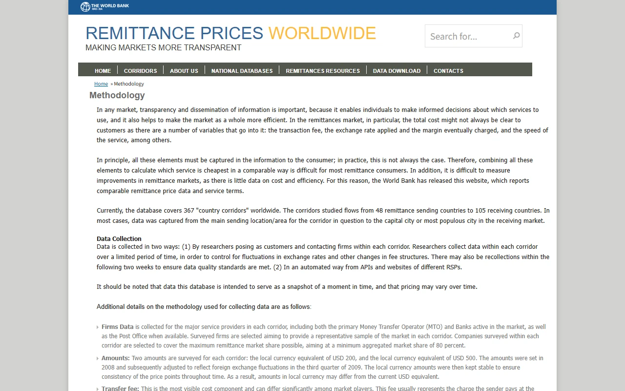 Ukurasa rasmi wa World Bank Remittance Prices Worldwide unaotenganisha transfer fee na exchange-rate margin