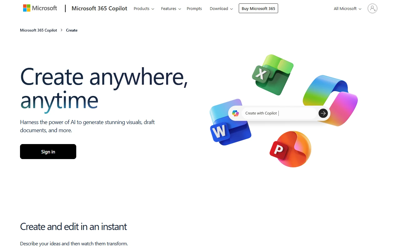 Ukurasa rasmi wa Microsoft Create wa kuanza template ya nyaraka na spreadsheet