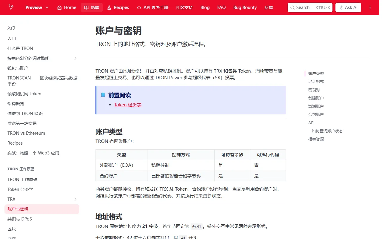 TRON 官方中文開發者文件的「賬戶與密鑰」頁面,說明外部賬戶由私鑰控制、合約賬戶沒有私鑰