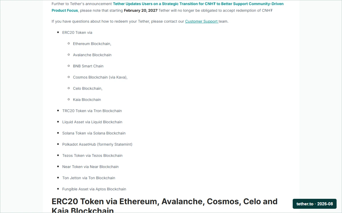 Ukurasa rasmi wa Tether unaoonyesha kuwa USDt ipo kwenye protocols na blockchains tofauti