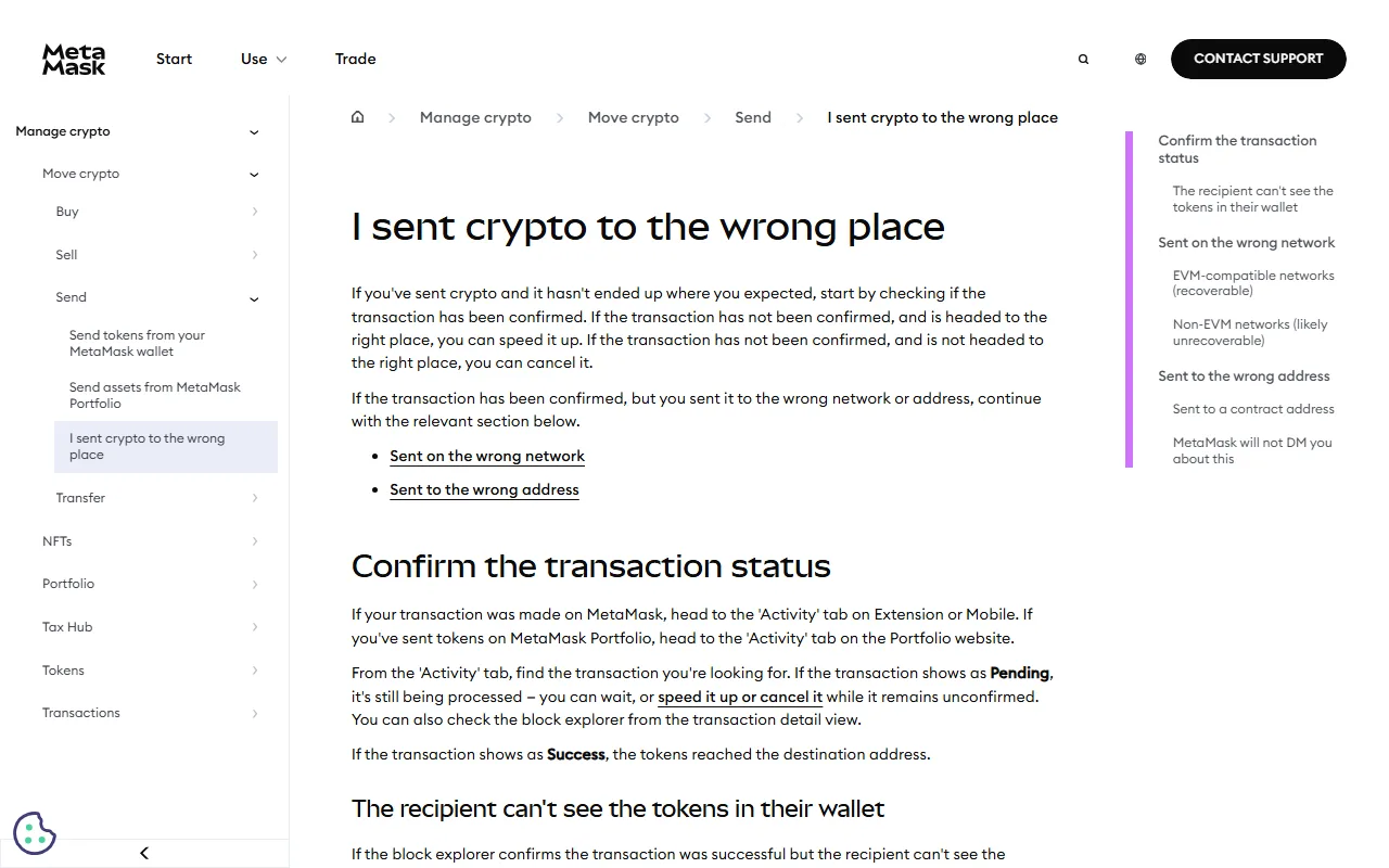 MetaMask 官方說明頁「I sent crypto to the wrong place」,右側目錄顯示 Sent on the wrong network 底下分成 EVM-compatible networks (recoverable) 與 Non-EVM networks (likely unrecoverable) 兩種情況
