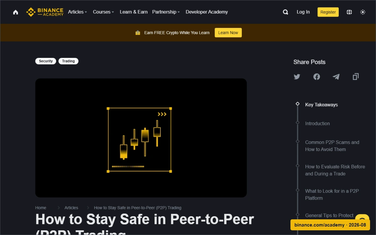 Ukurasa rasmi wa Binance Academy wa usalama wa P2P wenye sehemu za scams, risk evaluation na escrow