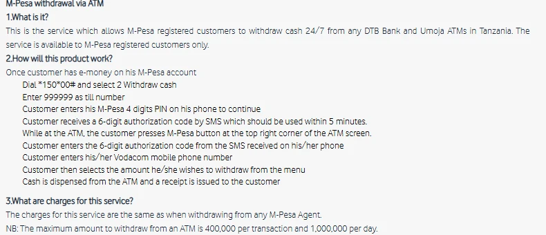 Sehemu ya ukurasa rasmi wa maswali ya M-Pesa ikieleza huduma ya kutoa fedha kwenye ATM za DTB na Umoja, hatua za kutumia msimbo wa uthibitisho wa tarakimu sita, na maelezo kwamba kiasi cha juu ni 400,000 kwa muamala na 1,000,000 kwa siku
