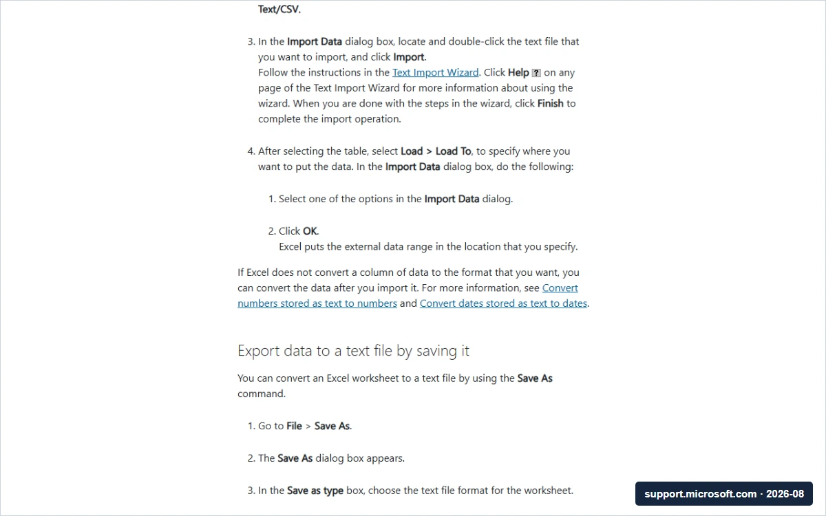 Ukurasa rasmi wa Microsoft Support unaoeleza import na export ya faili za CSV katika Excel
